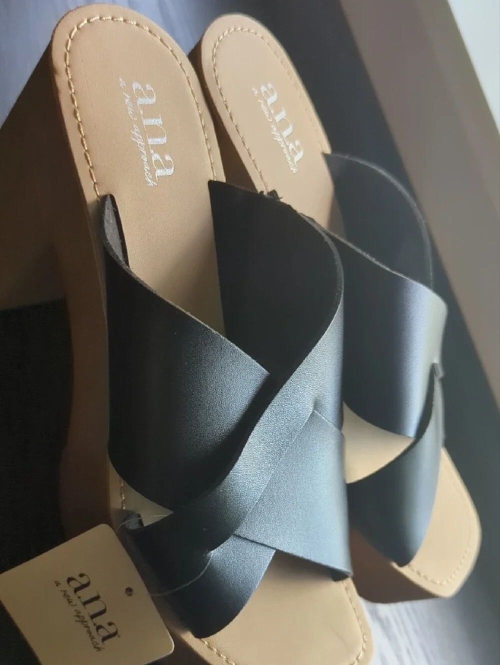 a.n.a Black Crisscross Platform Slide Sandals with Tan Footbed